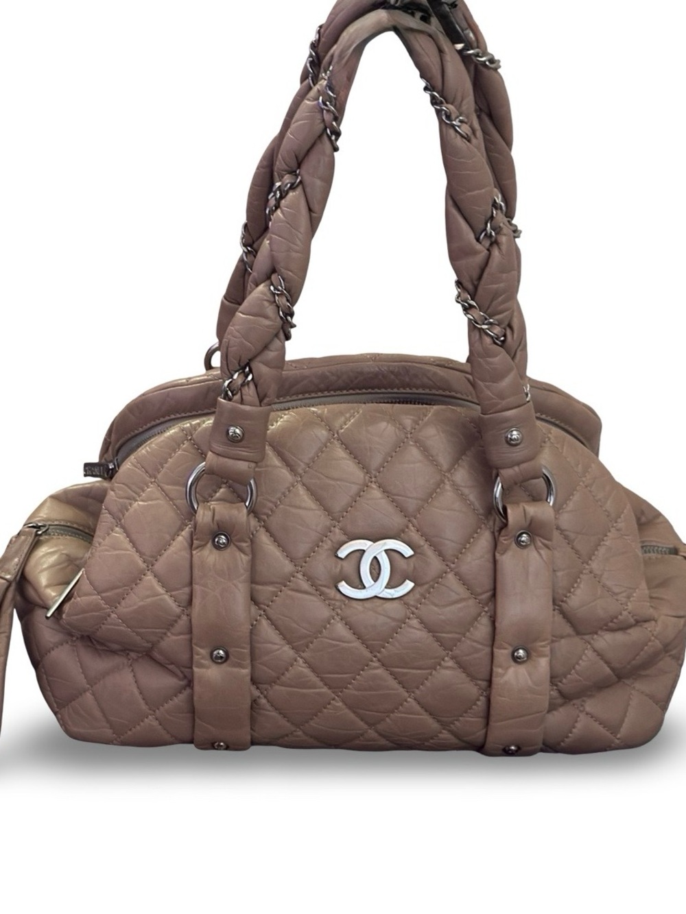 CHANEL Quilted Leather Shoulder Bag in Taupe